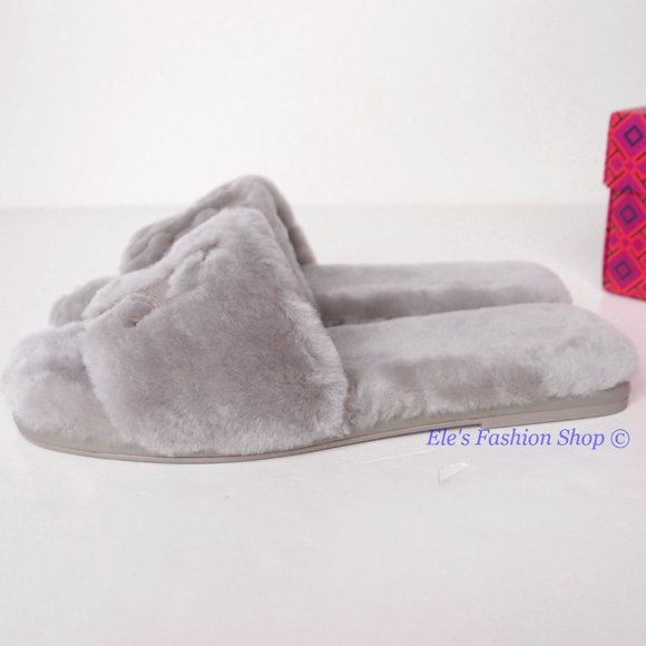 NIB Tory Burch Double T Shearling Slide Sandal GRAY HERON 6.5 7 7.5 8 AUTHENTIC - Picture 12 of 16